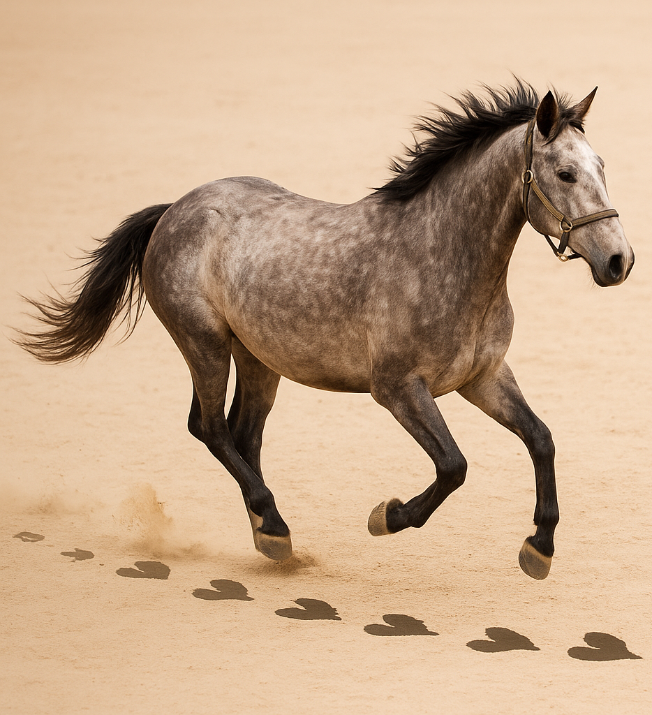 Appaloosa horse running in sand with hooves as heartbeats.